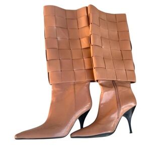 Women’s Tan Woven Heeled Pointed Toe Dress Boots Size 8